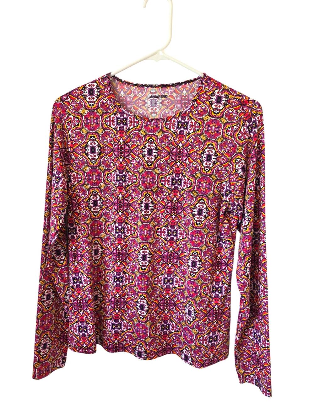 Lands End Womens Medallion Print Rash Guard Swim Top Size Small Maroon